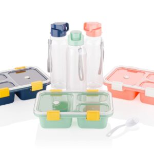 Lunch Box Container with 3 Compartments, Water Bottle and Spoon Set, Navy Blue,Pink and Green (Blue)